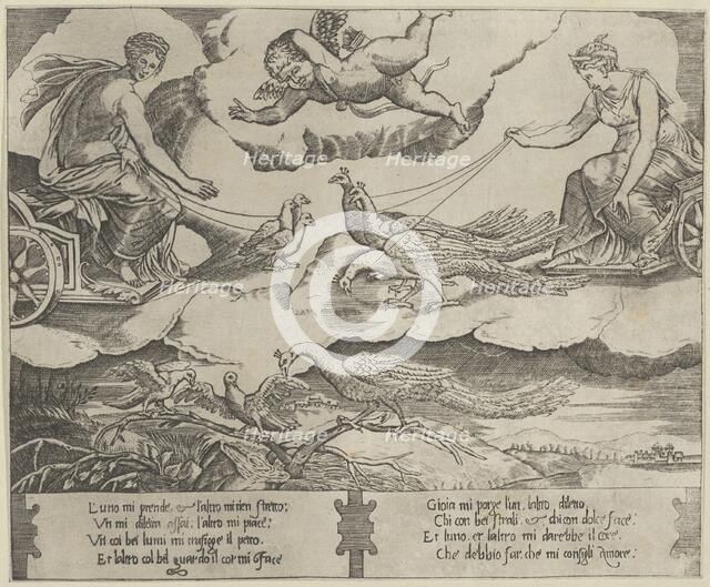 Allegory of Marriage and Love; Juno in a chariot drawn by peacocks at right,Venus, ca. 1540-60. Creator: Anon.