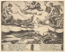 Allegory of Marriage and Love; Juno in a chariot drawn by peacocks at left, Venus in a ..., 1530-60. Creator: Master of the Die