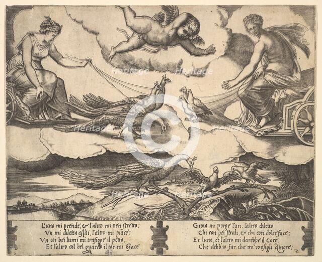Allegory of Marriage and Love; Juno in a chariot drawn by peacocks at left, Venus in a ..., 1530-60. Creator: Master of the Die.