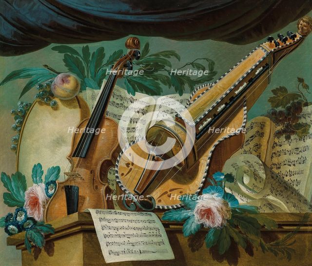 Allegory of music with a violin, a hurdy-gurdy, a framedrum, sheets of music, flowers and fruit... Creator: Jager, Gerke Jans de (ca 1748-1822).