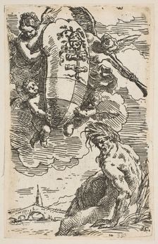 Allegory of the Foglia River with the city of Pesaro's coat of arms, frontispiece for ..., ca. 1639. Creator: Simone Cantarini