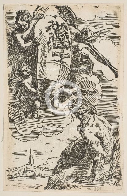Allegory of the Foglia River with the city of Pesaro's coat of arms, frontispiece for ..., ca. 1639. Creator: Simone Cantarini.