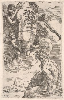 Allegory of the Foglia River and the city of Pesaro's coat of arms, frontispiece for Il P..., 1639. Creator: Simone Cantarini