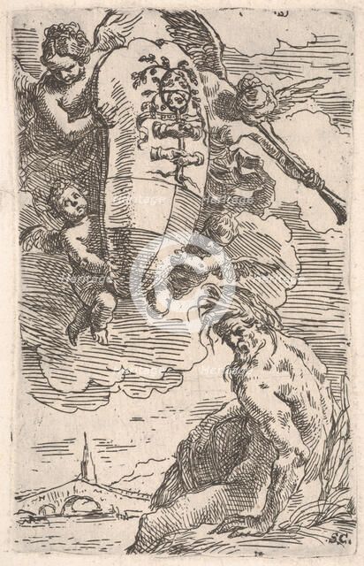 Allegory of the Foglia River and the city of Pesaro's coat of arms, frontispiece for 'Il P..., 1639. Creator: Simone Cantarini.