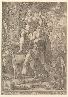 Allegory of the Hunt; a hunter holding a large spear carrying a woman (Diana?) on his shou..., 1556. Creator: Giorgio Ghisi