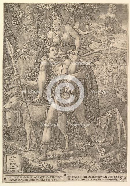 Allegory of the Hunt; a hunter holding a large spear carrying a woman (Diana?) on his shou..., 1556. Creator: Giorgio Ghisi.