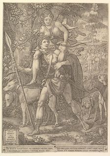 Allegory of the Hunt; a hunter holding a large spear carrying a woman (Diana?) on his shou..., 1556. Creator: Giorgio Ghisi