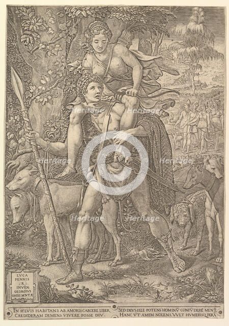 Allegory of the Hunt; a hunter holding a large spear carrying a woman (Diana?) on his shou..., 1556. Creator: Giorgio Ghisi.