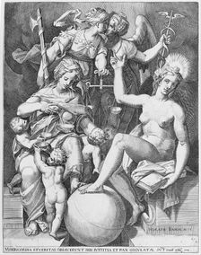 Allegory of the Psalm of David; Misericordia seated to the left feeding four children with..., 1579. Creator: After Agostino Carracci