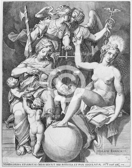 Allegory of the Psalm of David; Misericordia seated to the left feeding four children with..., 1579. Creator: After Agostino Carracci.