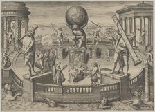 Allegory of the Twelve Labors of Hercules Statues in a Circular Garde..., mid 16th-mid 17th century. Creator: Matthaeus Greuter