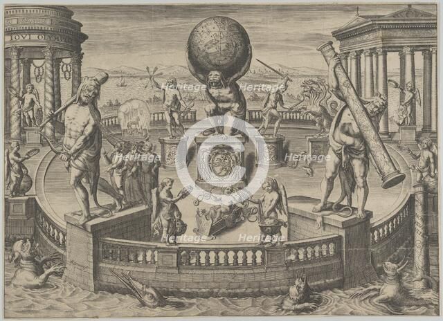 Allegory of the Twelve Labors of Hercules Statues in a Circular Garde..., mid 16th-mid 17th century. Creator: Matthaeus Greuter.