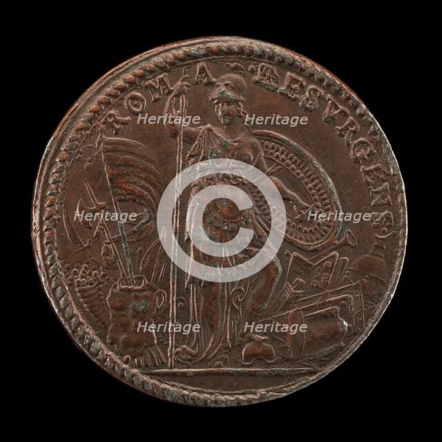 Allegory with the Figure of Roma, as Minerva, Standing Armed amid Trophies [reverse], 1591. Creator: Unknown.