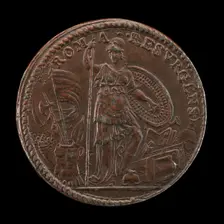 Allegory with the Figure of Roma, as Minerva, Standing Armed amid Trophies [reverse], 1591. Creator: Unknown