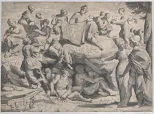 Allegory with Minerva at right, leading a young man towards Mount Parnassus, where the ..., 1620-47. Creator: Johann Friedrich Greuter