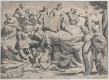Allegory with Minerva at right, leading a young man towards Mount Parnassus, where the ..., 1620-47. Creator: Johann Friedrich Greuter