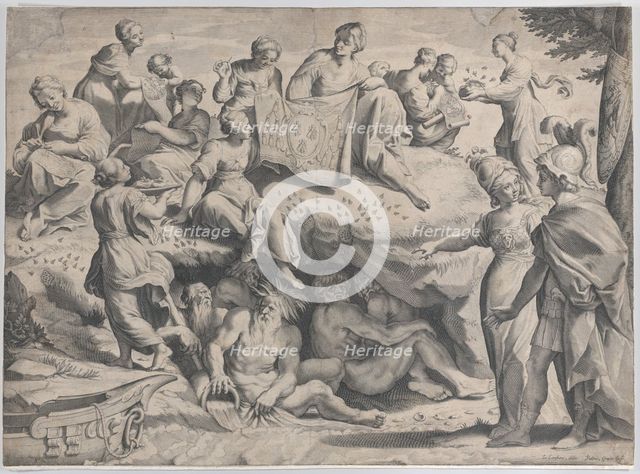 Allegory with Minerva at right, leading a young man towards Mount Parnassus, where the ..., 1620-47. Creator: Johann Friedrich Greuter.