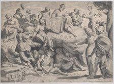 Allegory with Minerva at right, leading a young man towards Mount Parnassus, where the ..., 1620-47. Creator: Johann Friedrich Greuter