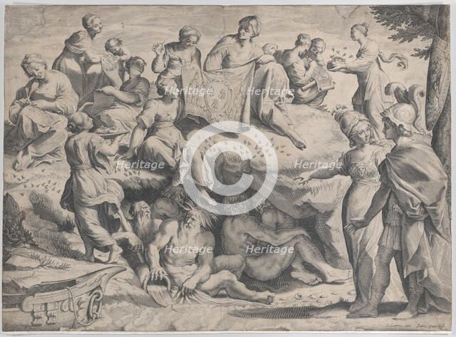 Allegory with Minerva at right, leading a young man towards Mount Parnassus, where the ..., 1620-47. Creator: Johann Friedrich Greuter.