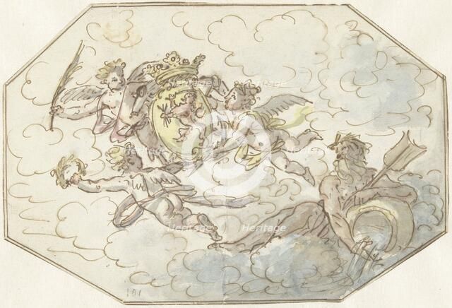 Allegory with putti with coat of arms and the god of river, 1700-1800. Creator: Anon.