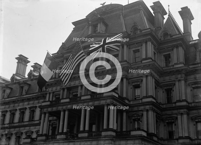 Allied Commission To U.S - Allied Flags On State Department, 1917. Creator: Harris & Ewing.