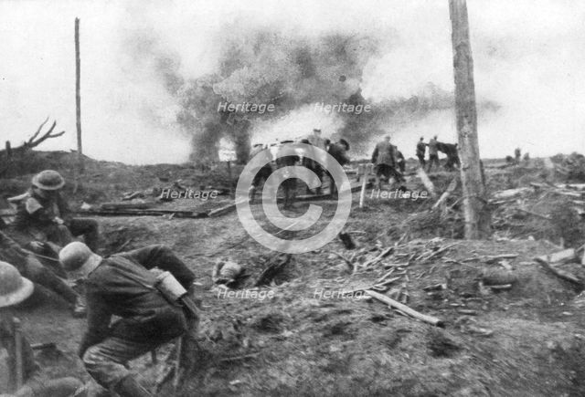 Allied troops and German prisoners at the Menin Road, near Ypres, Belgium, 30 October, 1917. Artist: Unknown