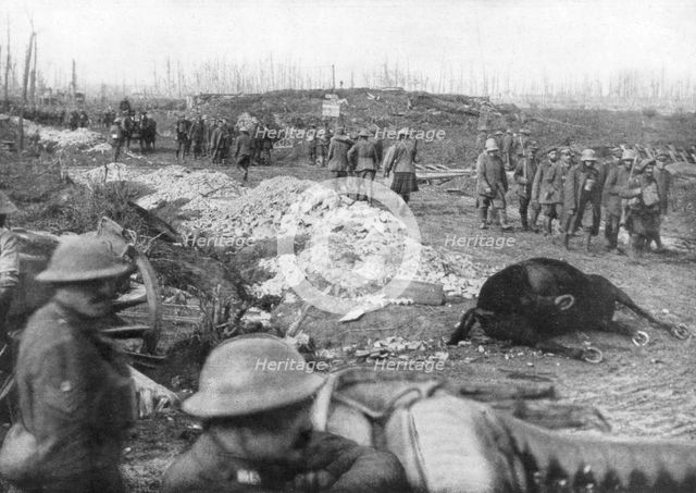 Allied troops and German prisoners at the Menin Road, near Ypres, Belgium, 30 October, 1917. Artist: Unknown