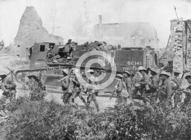 Allied troops marching through a liberated town, 27 October 1918. Artist: Unknown