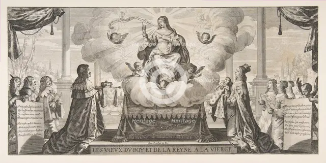 Almanach for 1639: Louis XIII and Anne of Austria Entrusting the Kingdom and the Prince un..., 1639. Creator: Abraham Bosse.