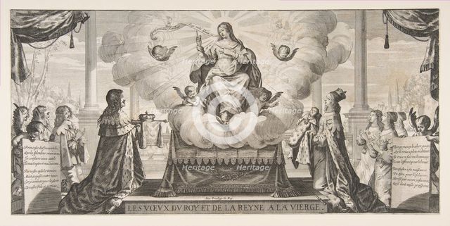 Almanach for 1639: Louis XIII and Anne of Austria Entrusting the Kingdom and the Prince un..., 1639. Creator: Abraham Bosse.