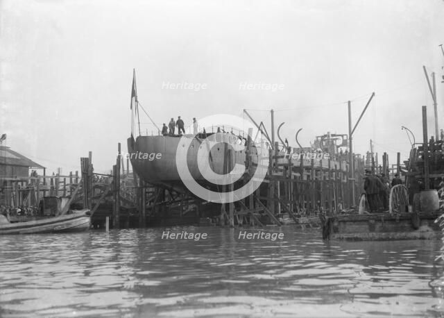 'Almirante Simpson' before launch at J. Samuel White shipyard, Cowes, 26th February 1914. Creator: Kirk & Sons of Cowes.
