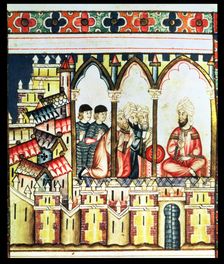 Almohad governor conducting a war council in his castle, the Alcázar of Seville, Miniature in the…