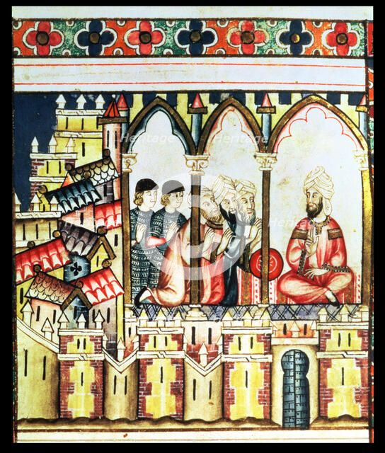 Almohad governor conducting a war council in his castle, the Alcázar of Seville, Miniature in the…