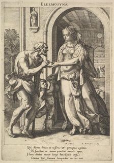Alms-giving: a woman with pearl headdress and halo hands bread to two male beggars, one be..., 1589. Creator: Raphael Sadeler