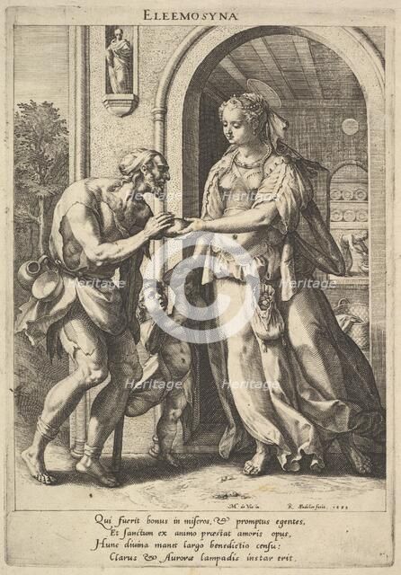 Alms-giving: a woman with pearl headdress and halo hands bread to two male beggars, one be..., 1589. Creator: Raphael Sadeler.