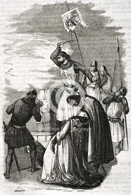 Alonso Pérez de Guzmán throwing his dagger during the siege of Tarifa, 1296, (1852).  Creator: Ildefonso Cibera.