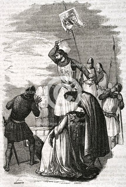 Alonso Pérez de Guzmán throwing his dagger during the siege of Tarifa, 1296, (1852).  Creator: Ildefonso Cibera.