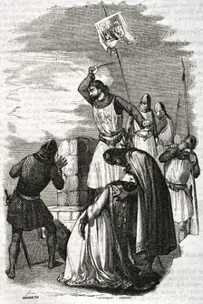Alonso Pérez de Guzmán throwing his dagger during the siege of Tarifa, 1296, (1852). Creator: Ildefonso Cibera
