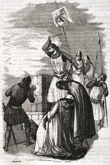 Alonso Pérez de Guzmán throwing his dagger during the siege of Tarifa, 1296, (1852). Creator: Ildefonso Cibera