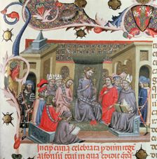 Alphonse III The Benign (1327 - 1336) chairing the Courts held in Montblanc, in 1330, detail, min…
