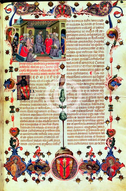 Alphonse III 'The Benign' (1327-1336) presiding the courts held in Montblanc, in 1330. Miniature …