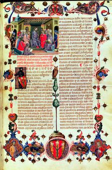 Alphonse III The Benign (1327-1336) presiding the courts held in Montblanc, in 1330. Miniature …