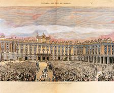 Alphonse XII, entry into the palace of Oriente in 1875, colored engraving of La Ilustración Espa…
