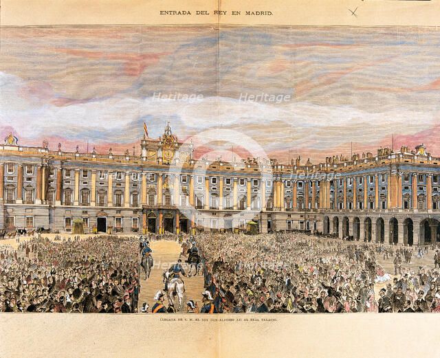 Alphonse XII, entry into the palace of Oriente in 1875, colored engraving of 'La Ilustración Espa…