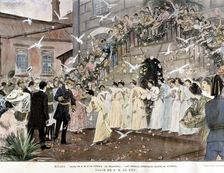 Alphonse XIII visiting a factory in Málaga in 1904, engraving in the Ilustracion española y amer…