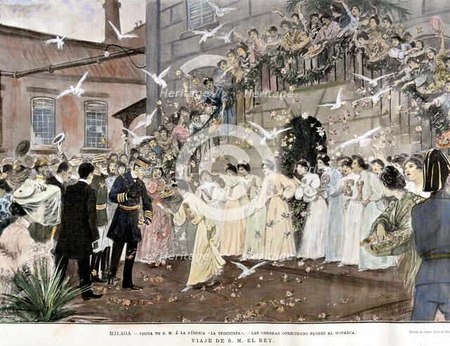 Alphonse XIII visiting a factory in Málaga in 1904, engraving in the 'Ilustracion española y amer…