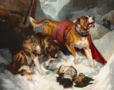 Alpine Mastiffs Reanimating a Distressed Traveler, 1820. Creator: Edwin Henry Landseer