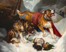 Alpine Mastiffs Reanimating a Distressed Traveler, 1820. Creator: Edwin Henry Landseer