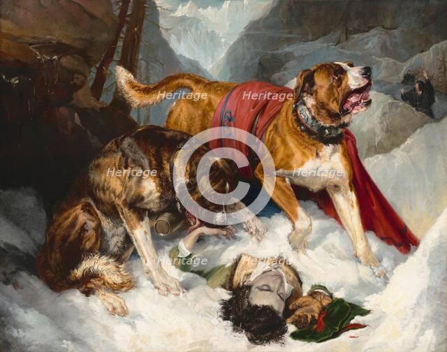 Alpine Mastiffs Reanimating a Distressed Traveler, 1820. Creator: Edwin Henry Landseer.