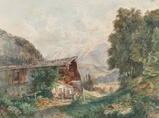 Alpine landscape with farmhouse and woman at the well, around 1860. Creator: Franz Barbarini